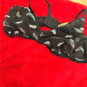 Black Sheer Feather-Print Bralette